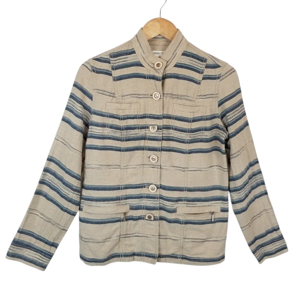 Coldwater Creek Women's Linen Cotton Blue Tan Striped Button Up Jacket Size 8